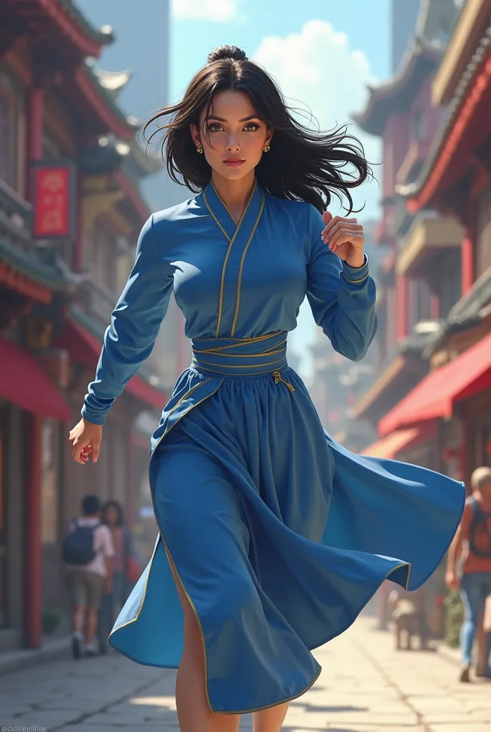 a woman in a blue outfit is running through a city, a picture inspired by Kanō Tan'yū, instagram, art nouveau, katara from avatar, legend of korra, korra from the legend of korra, portrait of avatar korra, legend of korra setting, avatar the last airbender...