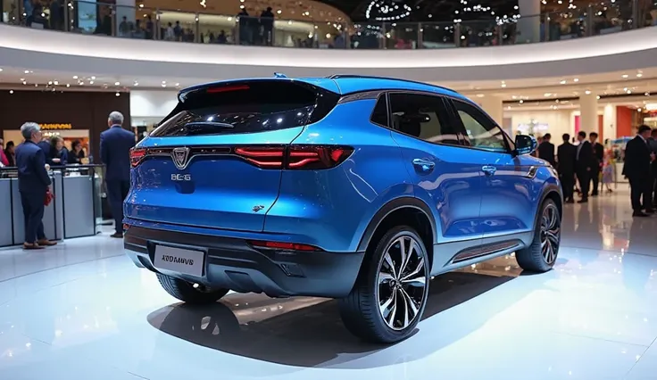 A( straight back view) photo of a (blue)give me about (2025 Mahindra BE 6) Temerario with a sleek, full modified, modern design. The car is parked on a white surface. The background is a shopping mall with white lights. The photo reveals the luxurious inte...