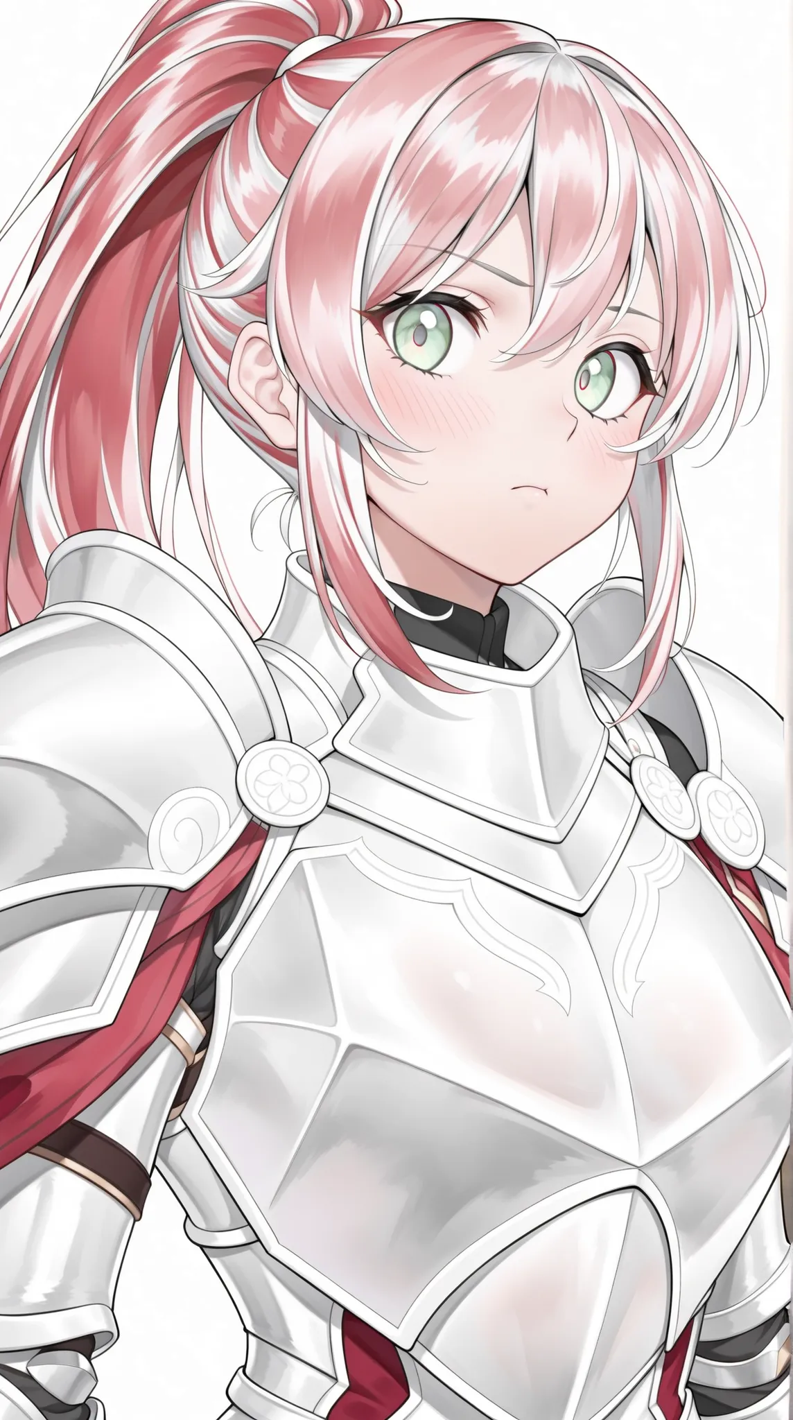 22-year-old female warrior, long red hair in a high ponytail, determined green eyes, light silver armor with red details, big chest, serious expression but with a faint blush, white background, masterpiece, the best quality, Ultra High Definition