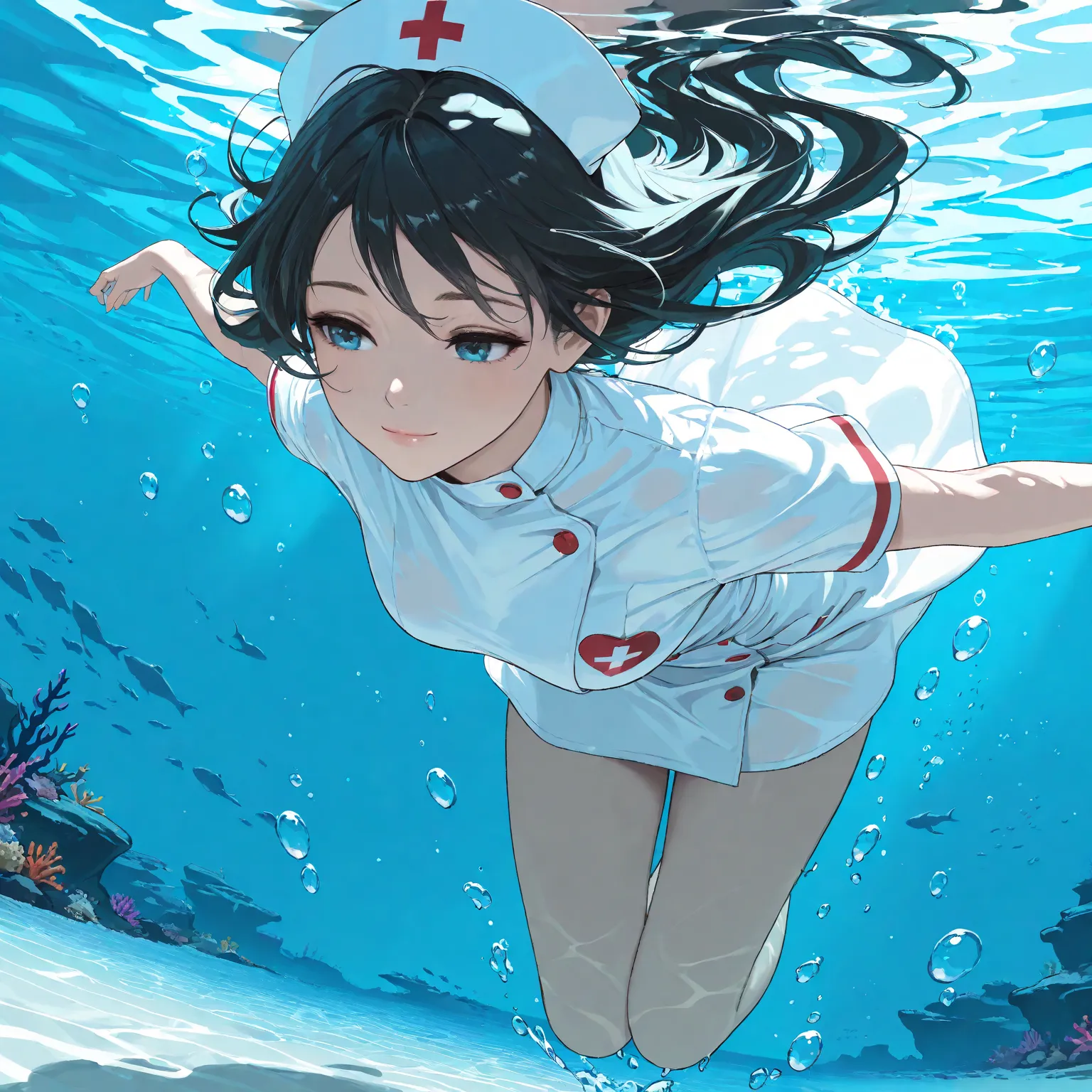 High resolution, Super detailed, Best Quality, masterpiece, 8K, 4K, beautiful background, the best aesthetics, (flat color:0.6), 1girl, nurse uniform, white nurse cap, swimming underwater, ocean, deep blue water, bubbles, light smile, flowing hair, gracefu...