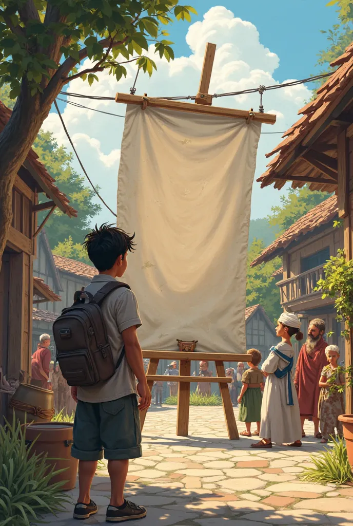 Art Exhibition Announcement

"A large poster announcing an art exhibition is displayed in the village square. Some villagers look excited, while the young artist (Aryan) stares at it, deep in thought, wondering if he should participate."