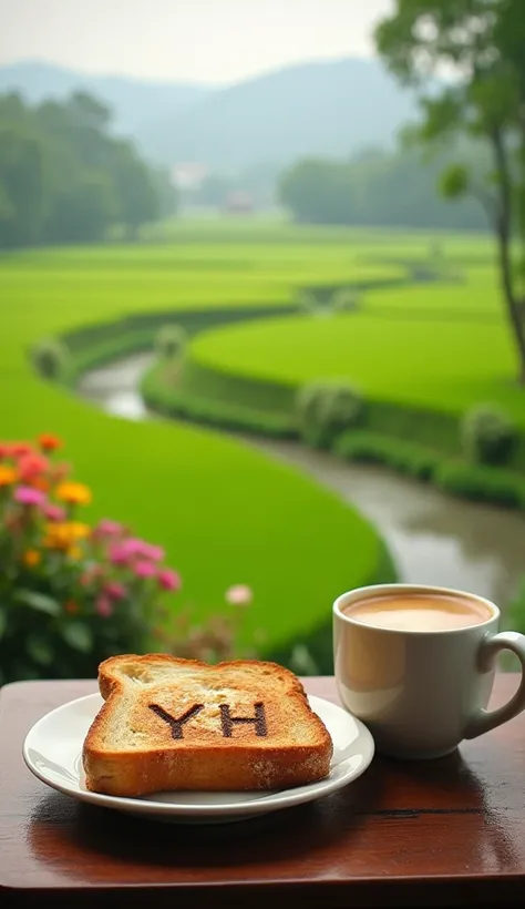 Plate of toast on the table that says YH and smoky warm milky coffee by the fish pond, in the middle of a field of beautiful and wide green terracing in a wet morning after rain,  nearby there are paddy houses with colorful flowers next to a beautiful sunn...