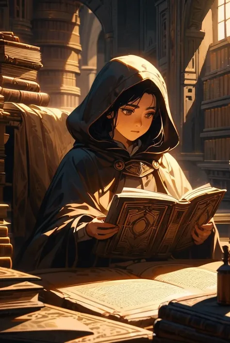 Young  with cloax and hood open the magical book inside the old library. 