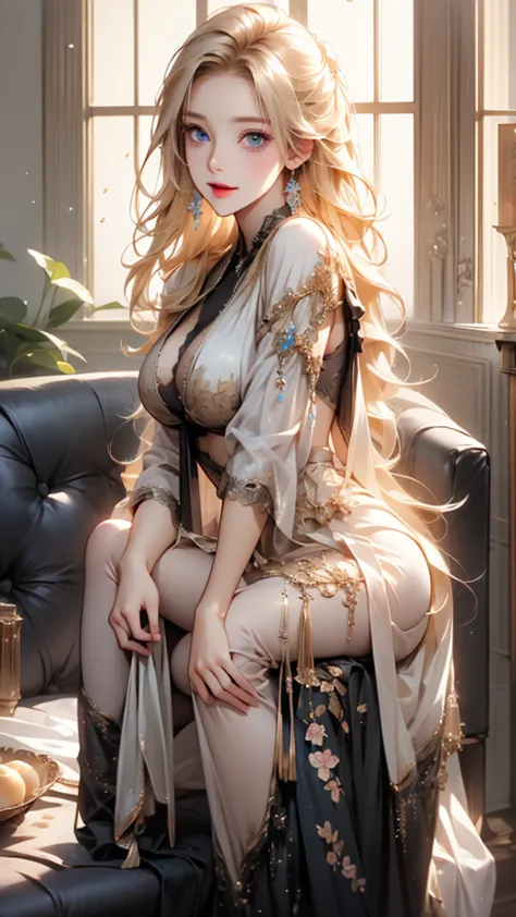 (Very detailed hentai drawing), extreme detail, pretty Caucasian blonde milf, long hair, medium sized natural breasts, big breast, loose casual top, blue eyes, tight leggings, sitting on couch in beautifully decorated living room, legs spread, alluring fac...