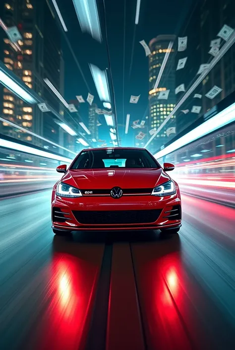 cinematic film still ral-exposure,red vw golf 4 mk4 GTI, through time tunnel,an exaggerated expression,high altitude perspective,background of gotham city,the strangeness of the wonderful movements of the notes fully demonstrated,swirling light around,moti...