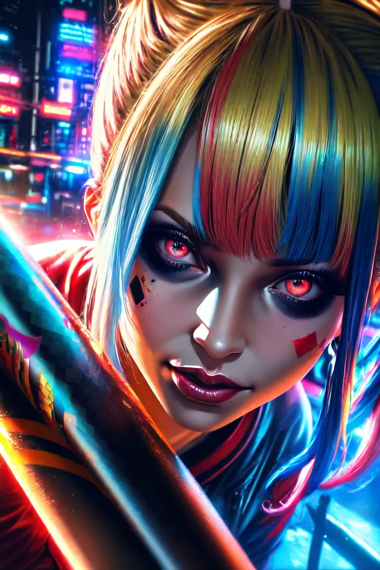 Harley Quinn, anime style inspired by Suicide Squad Isekai,detailed facial features,dynamic pose,tattoos,baseball bat,pigtails,smoky eyeshadow,red and blue highlights,high quality,8K,masterpiece,ultra-detailed,photorealistic,HDR,studio lighting,vivid color...