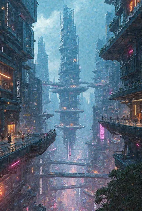 A futuristic city with floating buildings, neon lights, high-tech architecture, cyberpunk style