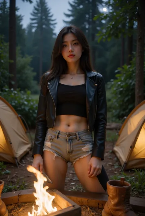 *"Digital illustration in the style of realism or semi-realism. Young girl, About 20 years old ,  with a model appearance , with a slim and fit figure, working boots by the fire at Crystal Lake Camp at night. Her long hair is slightly disheveled, peeking o...