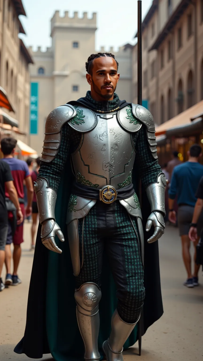 Lewis Hamilton reimagined as a knight walking and holding a lance､dramatic atmosphere, 1 male､ 

He has short, neatly styled dark curls and sharp hazel eyes that convey focus and unwavering determination. His confident expression is balanced by a calm and ...