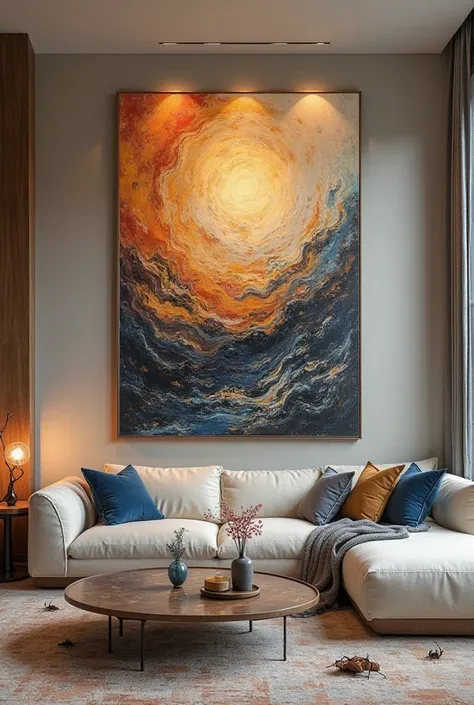 Handmade painting on the wall of a modern living room, combined with modern furniture and warm colors, reflects a blend of traditional and modern arts. In navy colors, cashmere and crickets .