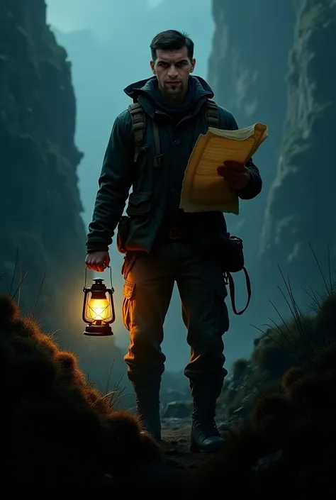 He wears exploration clothes and carries a map and a lantern and his face is visible