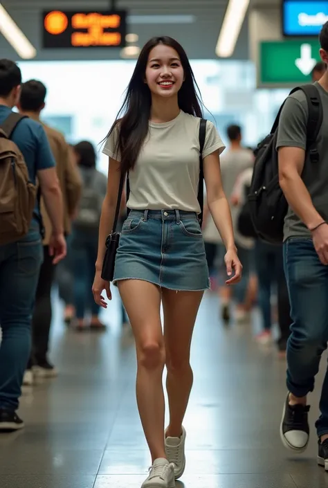  Taiwan Young Beauty ，Smile，Slim Fit Round Neck Casual Top，denim skirt，sneakers，get off work，MRT Subway Station， lots of people ，Realistic photos