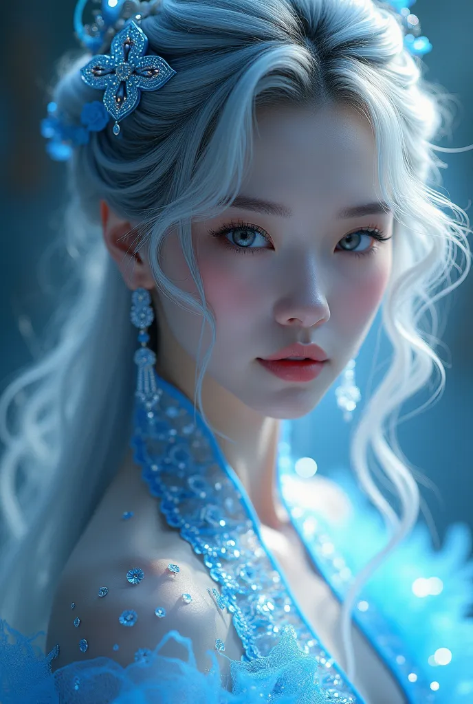 Beautiful girl, Chinese, white curls, expressive gray eyes, in a sparkling blue dress, glare, glow, Beauty, aesthetics