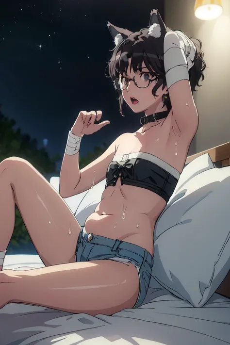   dark skin  ,     dark eyes    , Tomboy
, short hair,  dark hair,      black thick-rimmed glasses    ,    black eyes   ,, 超Flat chest,, , bandage,   Strapless Tight Denim Underwear , 纏著bandage的手臂,  , face bandage,, desert, moon, night, open mouth,,     ar...