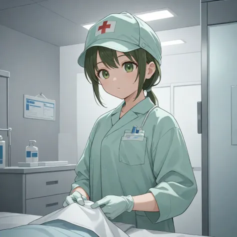 young female surgeon in green uniform holding up two hands, Surgeon, SURGICAL GOWN AND SCRUB SKETCH WITH GLOVES, Operation器具, Wear gloves, Sterilized background, Operation台で, Operation用具,  Health Care Workers , Operation, SURGICAL SUPPLIES,  surgical gowns...