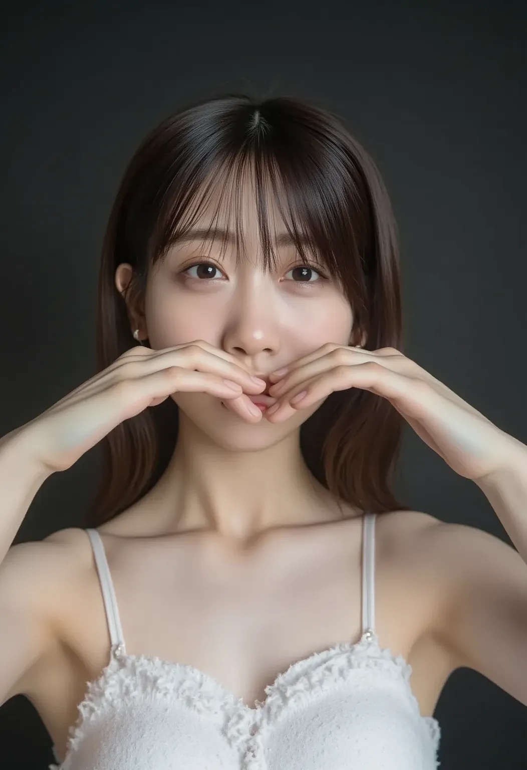 (8k, 32K, Raw Image,  Photographically,   Ultra High Resolution:1.2),     making a heart with both hands , Render as pictured , ( upper body portrait:1.2),    1 japanese girl   , 24 years old, beautiful, (long hair),   Double Eye Lid ,    high-resolution s...