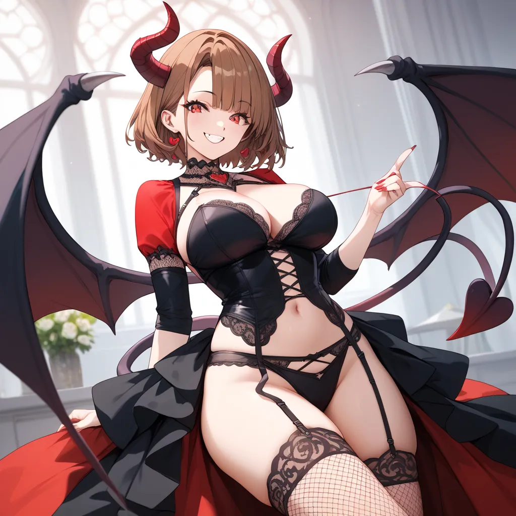 masterpiece, best quality, amazing quality, very aesthetic, high resolution, newest, hyper-detailed, highres, absurdres, depth of field, smile, 1girl, anime girl, red eyes, demon girl, demon wings, demon horns, brown hair, short hair, garter belt, big brea...