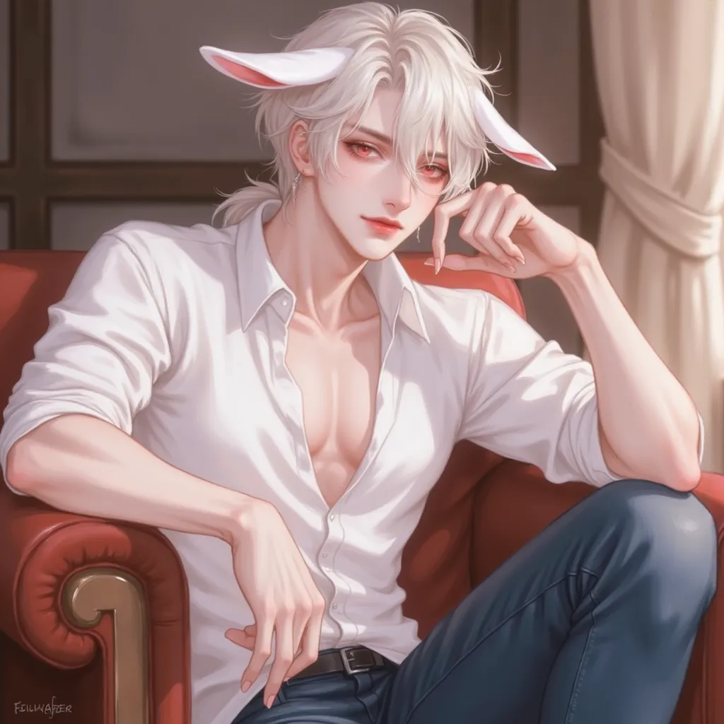 1 man,  casting, sharp, Charming,  white hair,  short hair , Low ponytail, Light on the muscles, shirt, Jeans, red eyes,, sexy, Animal ears( white rabbit ears ), smile,  big muscles , large muscles, high resolution, Masterpiece, precise, qualityที่ดีที่สุด...