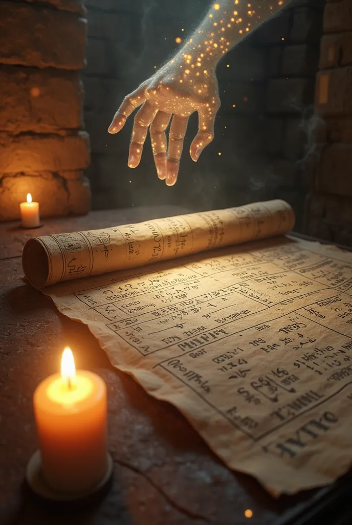 Rhind Mathematical Papyrus. A rolled-up papyrus scroll with complex math calculations and hieroglyphs,  surrounded by candlelight . A ghostly hand seems to be reproducing the formulas in the museum