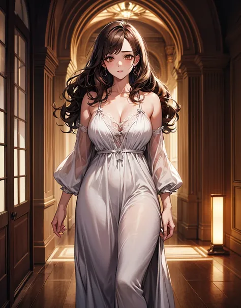  score_9、 score_8_up、 score_7_up、Hi-Res、wopen leg、masterpiece、high quality、1 girl、mature woman、Mature Woman、curvy、dark brown hair、Swept-apart bangs、I pulled down my loose wavy hair、brown eyes、Home、black nightgown、 enchanting、flabby lips