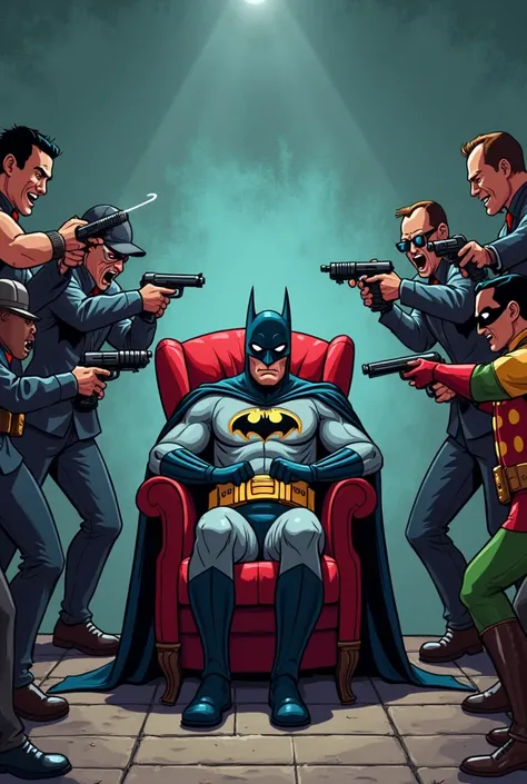 An image of several armed wild cards, shooting at just one Batman and the batina in the center of the image tied to a chair with Robin dead by his side, Do wild cards laugh and have fun, uma Cartoon Disney pixa