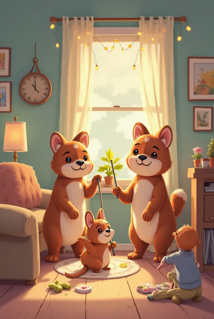 a group of cute adult cartoon animals working together in cleaning the house and moving furniture, putting up lights and so on.