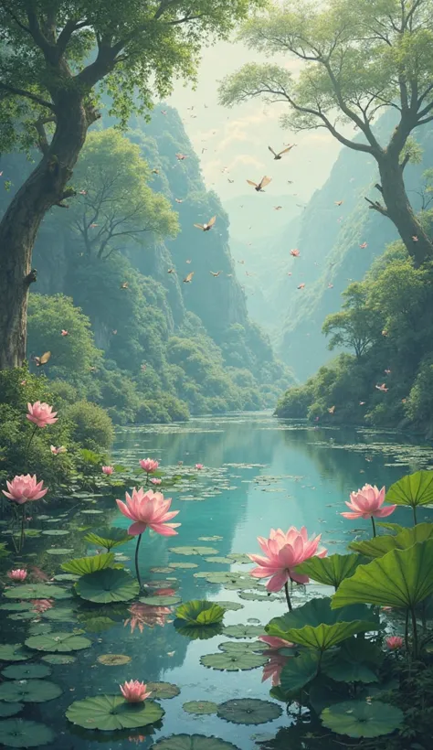 Highest quality、masterpiece、Fantasy、Lake where fairies play、Lotus flower blooms、A resting place for fairies、Fairies chatting with lotus flowers、Little fairy、Flying fairies、Fantastic landscape、Beautiful secret place、Secret Realm、