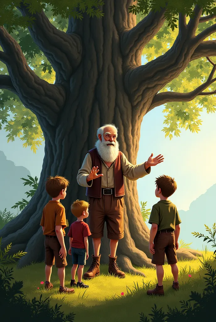 around the oak tree there's a old man telling about the treasure to the 3 boys playing around 