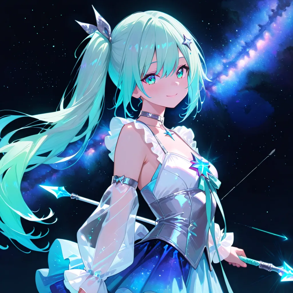 1 girls, solo, Sagittarius, aqua hair, long hair, side ponytail, star hair pin, aqua eyes, smile, closed mouth, light blue clothes, detachable sleeves, see-through sleeves, silver choker, silver bangles, small light green ribbon on chest, light blue skirt ...