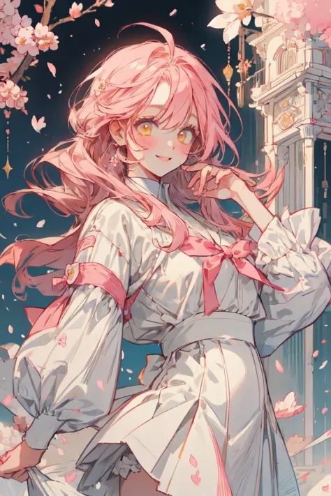     one girl,        cute pink haired white room illustration  ,      yellow eyes,   White Skirt   ,  With white feathers 、smile ,  midfield～ cute illustration of a mid-rise building    , background　 White fluttering petals   、 sweets、Cherry Blossoms、