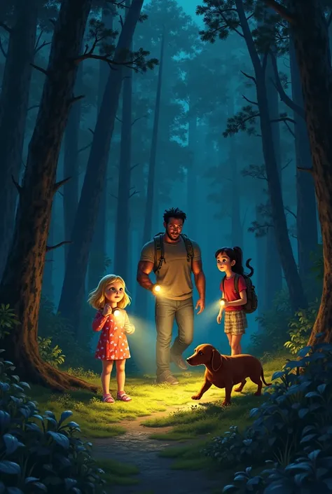  a little blond girl in pajamas with dots; flashlight in hand, and a muscular man; flashlight in hand, With dachshund and a woman with flashlight and backpack in the forest. It is dark it is night. 