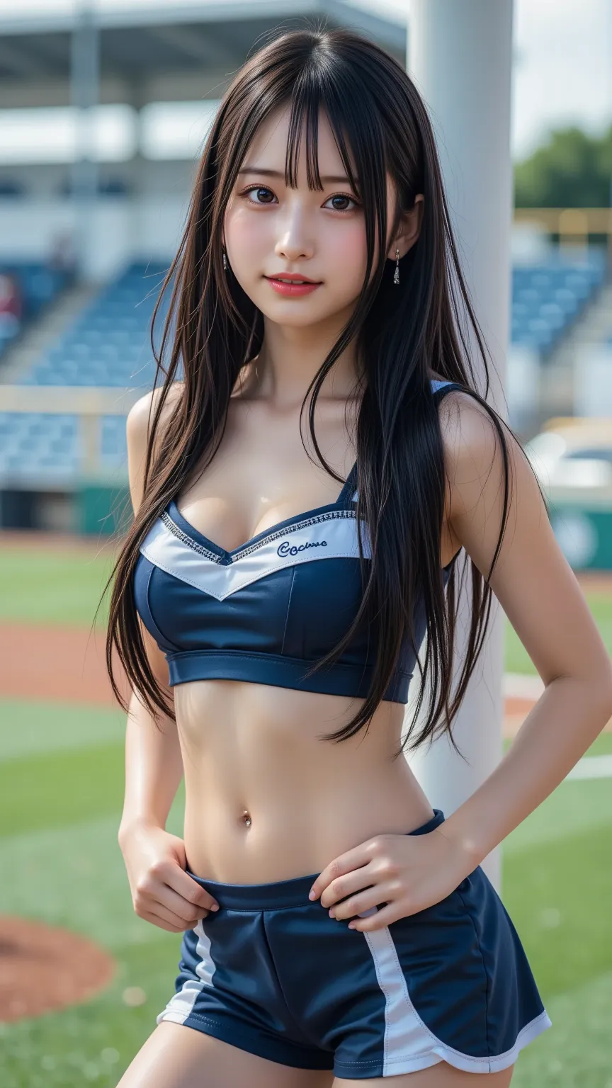 18-year-old Korean idol girl, wearing a glossy cheerleader uniform, posing solo, black hair flowing naturally with bangs, soft smile with full lips and a mole on her cheek, lifting one leg elegantly with spread thighs, thick hips and big chest emphasized, ...