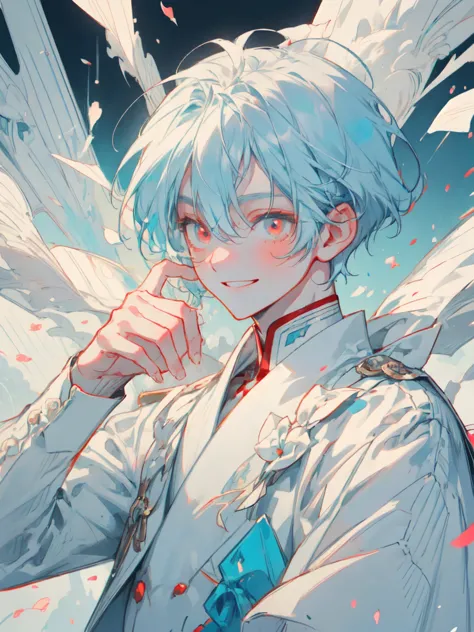     one boy,        Illustration of a white room with cute cyan hair  ,      red eyes,   white suit   ,  Biscuits 、smile ,  midfield～ cute illustration of a mid-rise building    , background　 White fluttering petals   、 sweets、