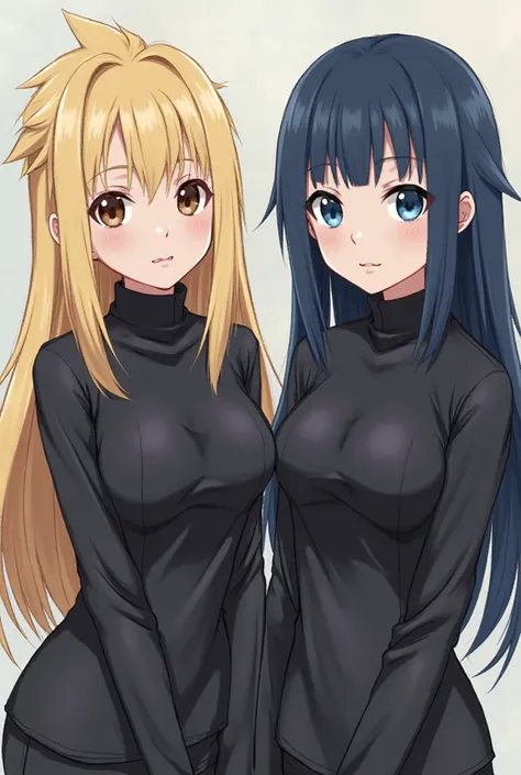 The first girl is 23 years old, 170 cm tall, with blonde hair, dark brown eyes, and black clothes. Her chest is medium. The second girl is 19 years old, 166 cm tall, with dark blue hair, sky blue eyes, and black clothes. Her chest is medium./ Anime shape N...