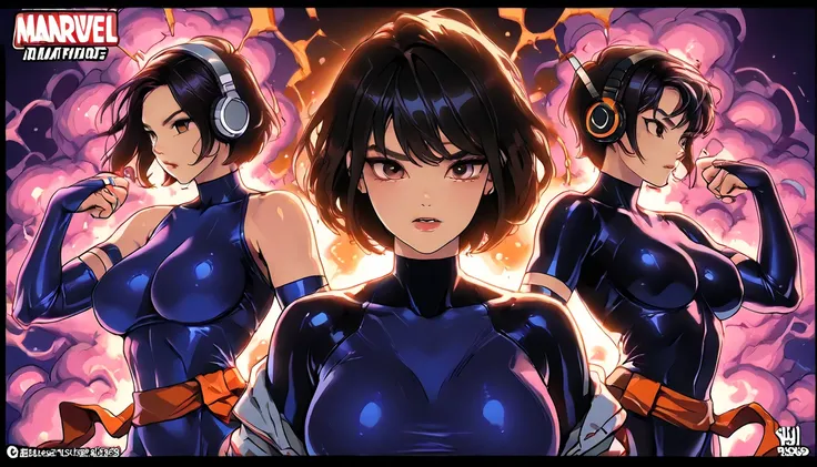 (3 females, hot, sexy, black hair and orange bangs)
(A breathtaking manhwa-style banner featuring three girls of different ages  in a high-energy, dynamic composition.) . ( 3 woman taking group pose)The background consists of swirling smoke and glowing cha...