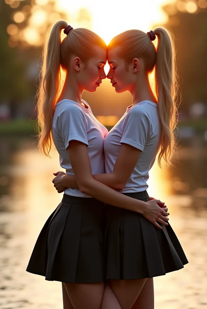 twin sisters, european girls, same heights, closed hug, properkissing, in the city park, hand in chests, one leg lifter up, beautiful girl, perfect skin, blonde ponytail, (they wearing sexy schoolgirl uniform,lifted skirt, no pants, white t-shirt, hard nip...