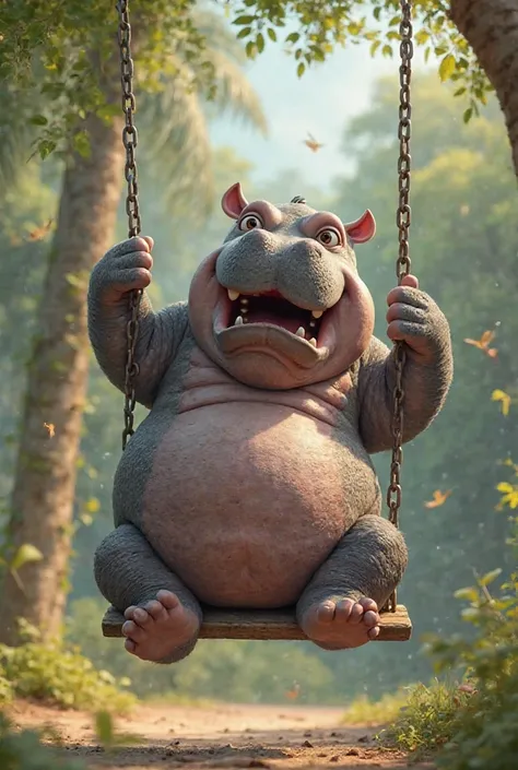 A hippopotamus swings on a swing