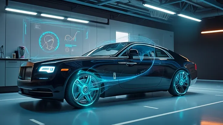 A dynamic shot of the Rolls-Royce Wraith’s adaptive suspension system in action, displayed on a holographic dashboard interface inside a futuristic garage.
