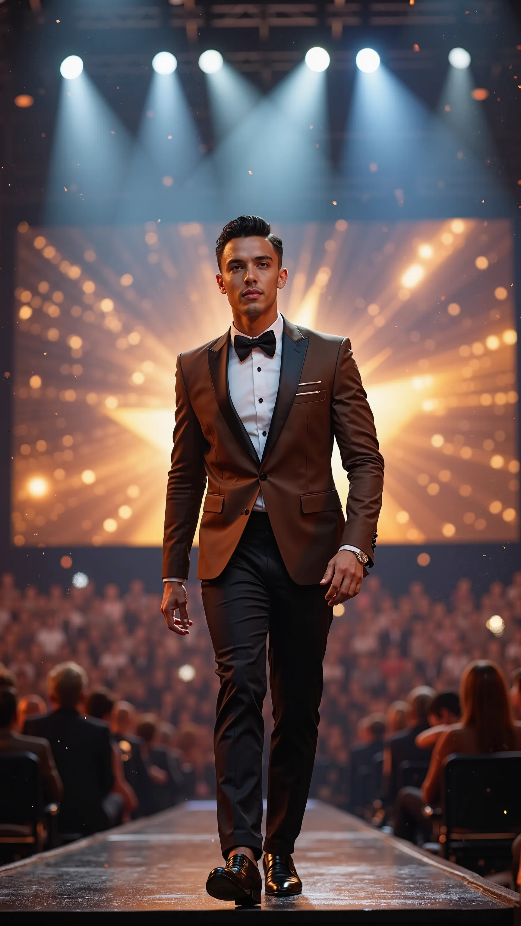 Photorealistic, 9:16 format, maximum quality. A confident young man steps onto a grand stage, bathed in dazzling spotlights at a prestigious talent show, reminiscent of ‘America’s Got Talent.’ His posture is poised and self-assured, his gaze sharp and focu...