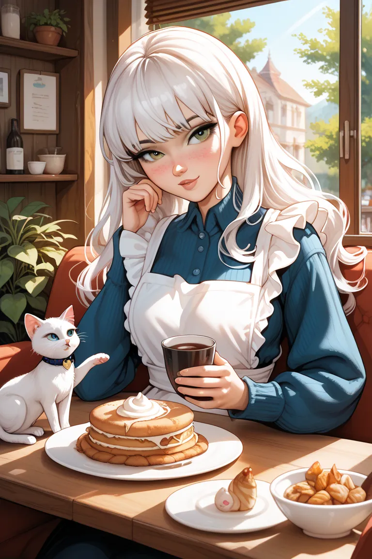 1 girl,  white hair,  has bangs,long hair,I'm holding a little white cat,apron, inside a cafe