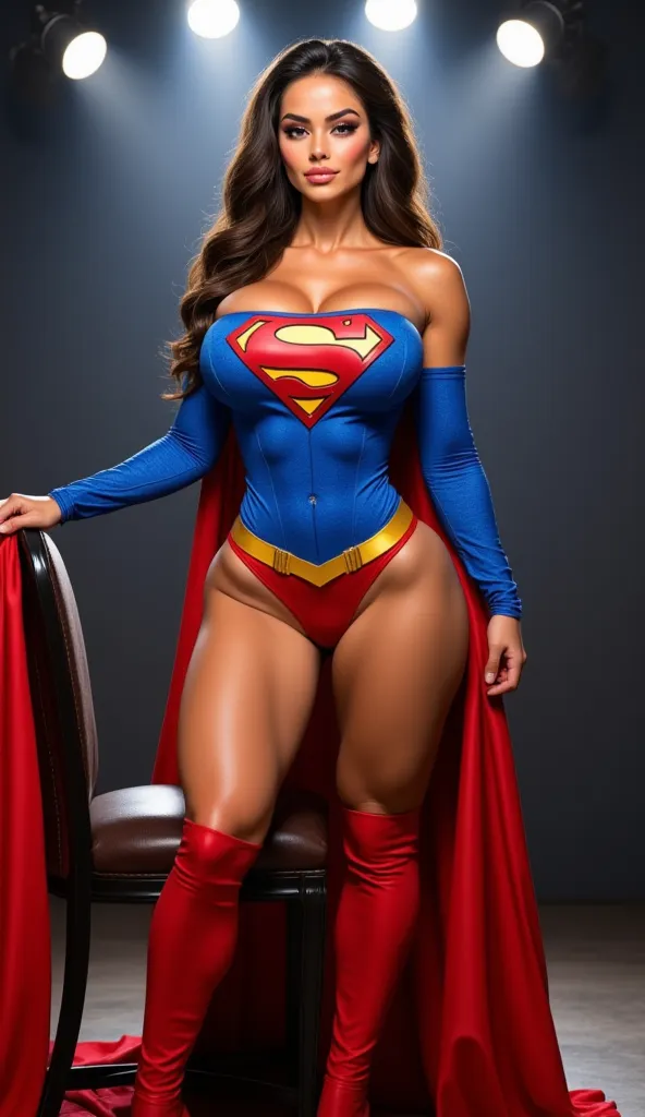 Masterpiece hyperrealistic image Large 36gg enhanced silicon breasts. Shyla Stylez the fitness model is dressed in a 2000’s supergirl costume, brown hair, ridiculously oversized enhanced silicon breasts, scoopneck costume, standing a room that has spot lig...