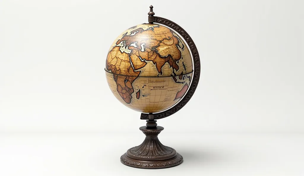 An antique globe featuring detailed continental outlines, mounted on a decorative stand, set against a white background realstic and high resulation
