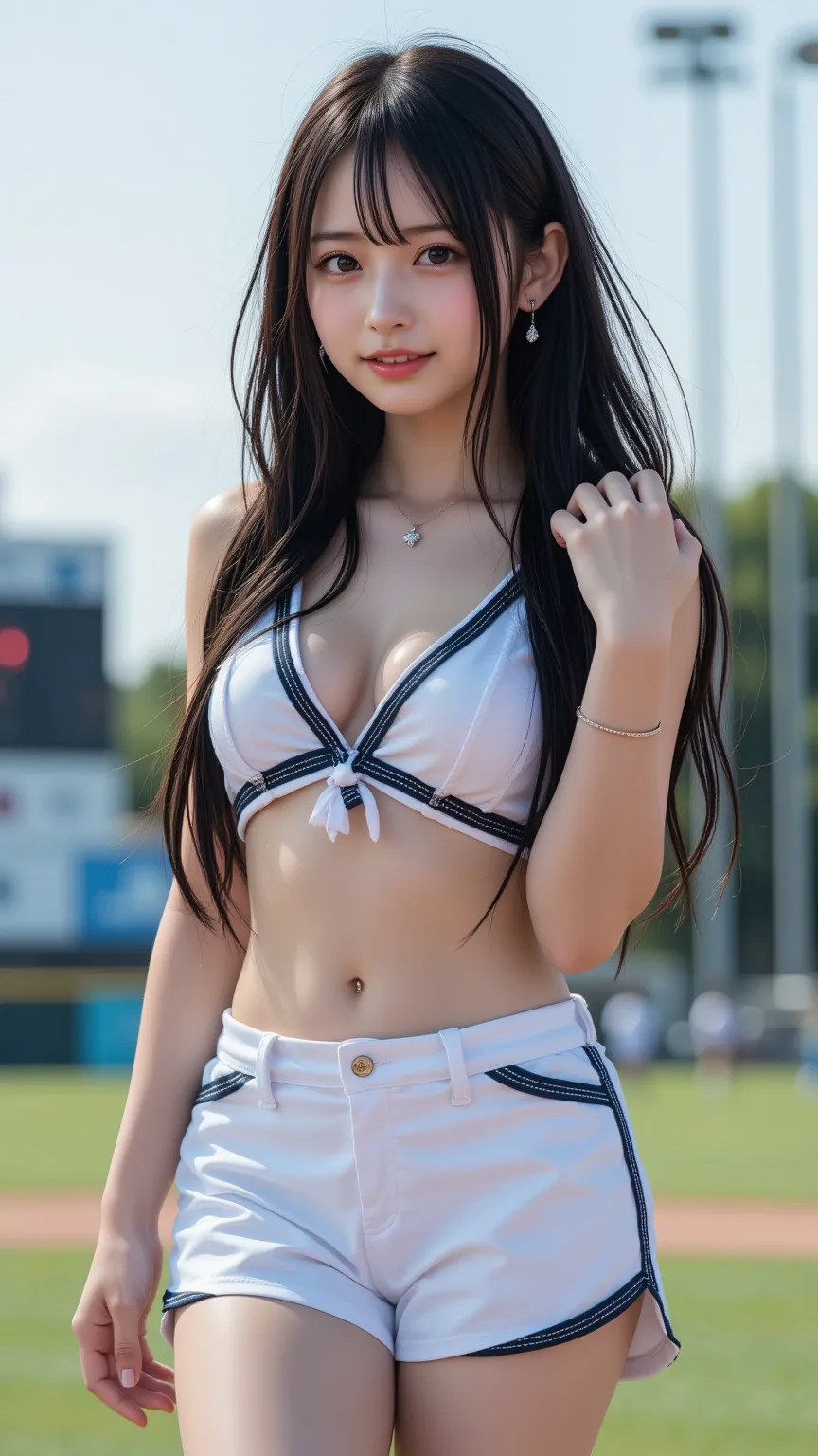 18-year-old Korean idol girl, posing solo in a cute cheerleader uniform, black hair flowing naturally with bangs, smiling softly with full lips and a mole on her cheek, one leg raised elegantly with spread thighs, thick hips and big chest prominently featu...