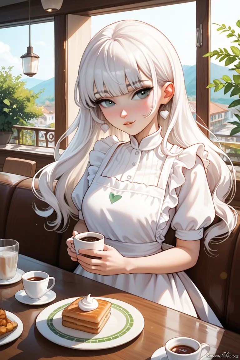 1 girl,  white hair,  has bangs,long hair,I'm holding a little white cat,apron, inside a cafe