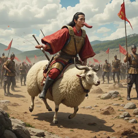 Maeda Keiji, with a short sausage sticking out of his nostrils, is riding a sheep through the battlefield