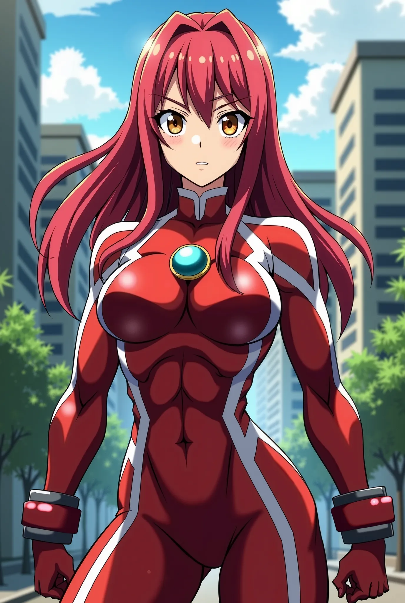  My Hero Academia Style , Anime girl, female, young female,muscular female,Full Body Shot,(fighting Pose:2),Long hair, Red Hair,  Brown Eyes,Hero Suit, Full Body Suit, red suit with white details,small round blue jewel in the center of the chest, perfect a...