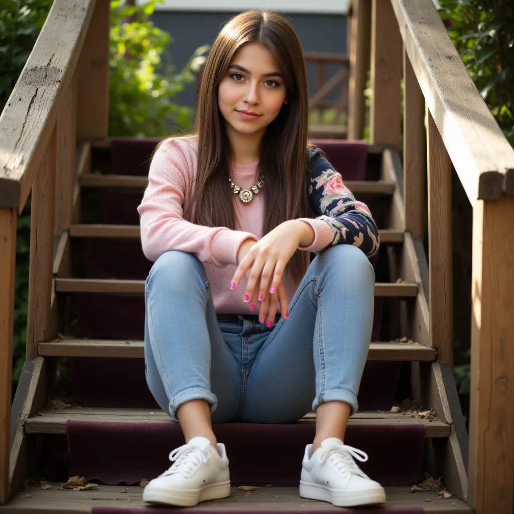 woman sitting on the stairs. Has a pink sweater on. Eine Jeans und Turnschuhe  Stil Fotorealistisch,  sharp focus, very detailed, sunlight, Detail , Fotoreal,  full body