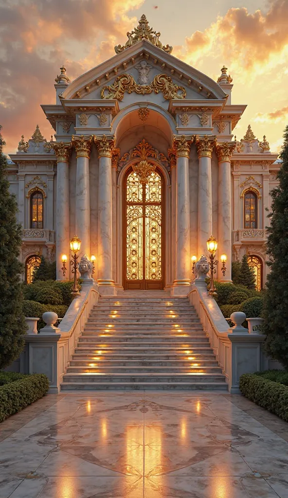 Luxury Palace Exterior with Grand Front Stairs

Prompt:
A majestic luxury palace with towering marble columns, intricate gold detailing, and massive double doors. A grand front staircase leads up to the entrance, flanked by two large lion statues. Elegant ...