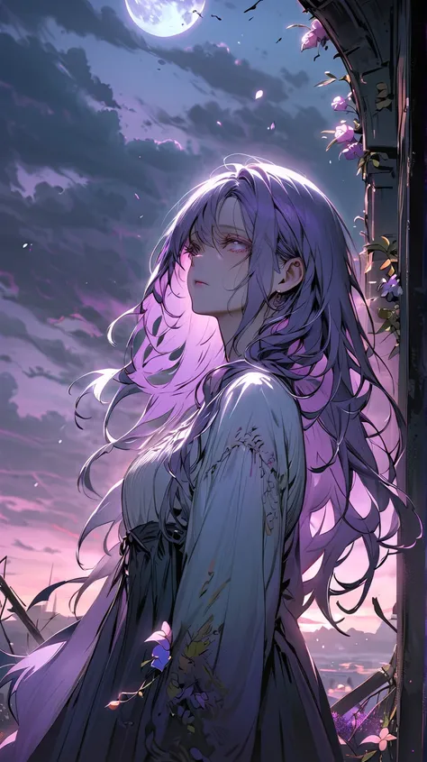 A breathtakingly beautiful woman stands alone in a desolate, ethereal landscape. Her long, flowing hair is gently carried by the wind, and her sorrowful eyes gaze into the distance, lost in thought. The world around her is a fusion of beauty and decay—wilt...