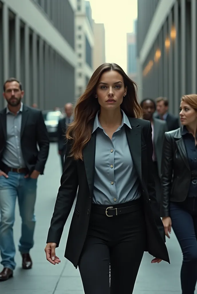 Cinematic arts style Movie scene picture of a beautiful business woman in office formal skintight buttoned shirt tucked in skintight pants and black buckle belt is walking 